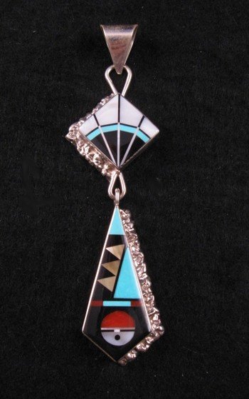 Long Zuni Multi-Stone Sterling Silver Inlaid Pendant, Jerome Esalio