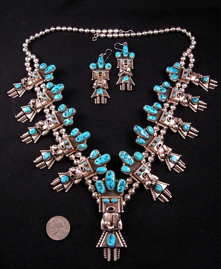 Image 0 of Doris Smallcanyon Navajo Turquoise Kachina Squash Blossom Necklace Earrings Set 