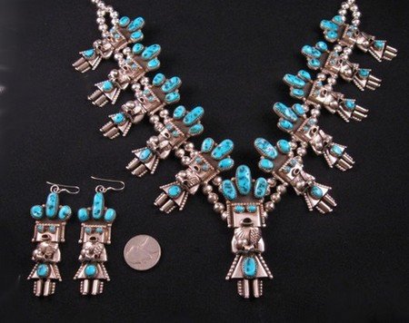 Image 1 of Doris Smallcanyon Navajo Turquoise Kachina Squash Blossom Necklace Earrings Set 