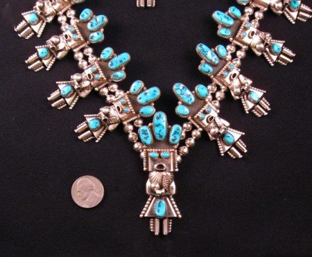 Image 2 of Doris Smallcanyon Navajo Turquoise Kachina Squash Blossom Necklace Earrings Set 