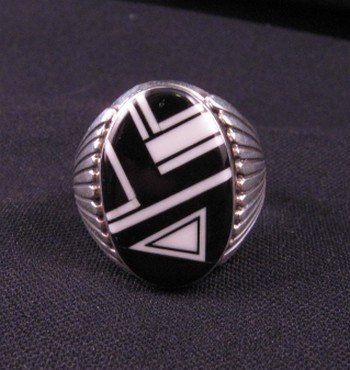 Navajo Black & White Inlay Silver Ring, Albert Tapaha sz14-1/2