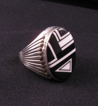 Image 1 of Navajo Black & White Inlay Silver Ring, Albert Tapaha sz14-1/2