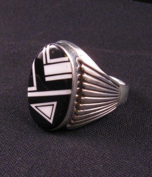 Image 2 of Navajo Black & White Inlay Silver Ring, Albert Tapaha sz14-1/2