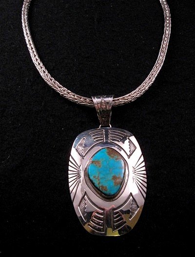 Image 0 of Old Style Navajo Silver Overlay Turquoise Pendant, Charlie Bowie