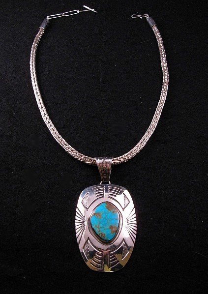 Image 1 of Old Style Navajo Silver Overlay Turquoise Pendant, Charlie Bowie