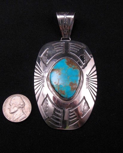 Image 2 of Old Style Navajo Silver Overlay Turquoise Pendant, Charlie Bowie