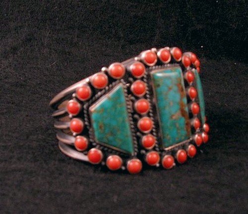 Image 1 of Kirk Smith Navajo Pilot Mtn Turquoise Coral Sterling Silver Bracelet
