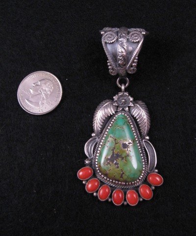 Image 1 of Native American Kirk Smith Skyhorse Turquoise Coral Silver Pendant 