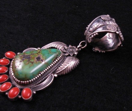 Image 2 of Native American Kirk Smith Skyhorse Turquoise Coral Silver Pendant 