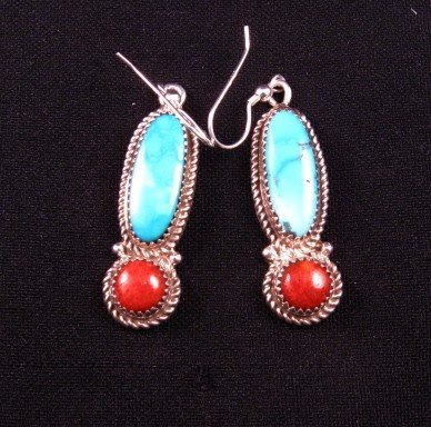 Image 0 of Gene & Martha Jackson Navajo Turquoise & Coral Silver Earrings