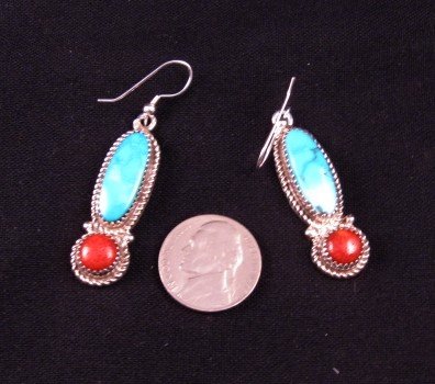 Image 1 of Gene & Martha Jackson Navajo Turquoise & Coral Silver Earrings