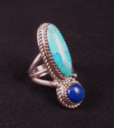 Image 2 of Navajo Gene & Martha Jackson Turquoise Lapis Sterling Ring sz7-1/2