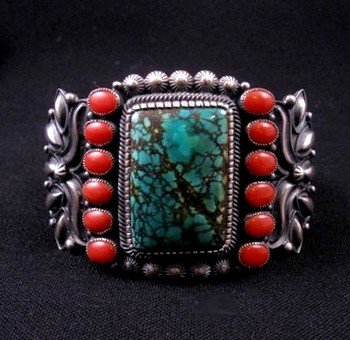 Image 1 of Kirk Smith Navajo Turquoise Coral Sterling Silver Bracelet