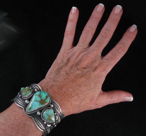 Image 2 of Wide Guy Hoskie Navajo Native American Manassa Turquoise Silver Bracelet
