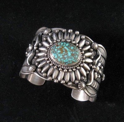 Image 0 of Navajo Darryl Becenti Wide Sterling Silver Turquoise Cuff Bracelet