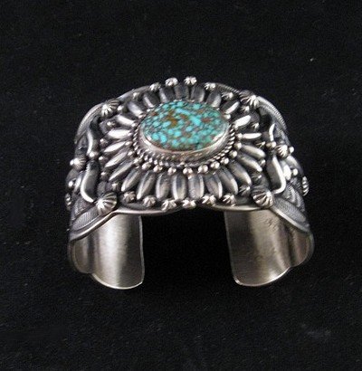 Image 1 of Navajo Darryl Becenti Wide Sterling Silver Turquoise Cuff Bracelet