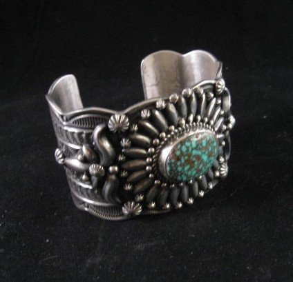 Image 2 of Navajo Darryl Becenti Wide Sterling Silver Turquoise Cuff Bracelet