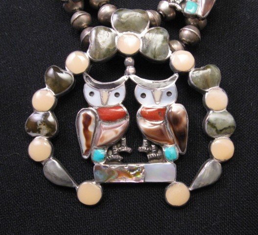 Image 1 of Vintage Zuni Native American Owl Squash Blossom Necklace Earrings Set