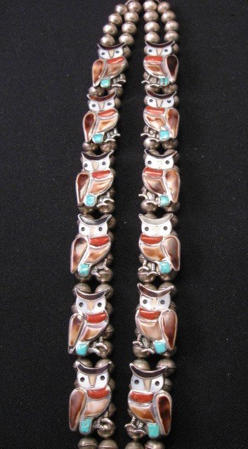 Image 2 of Vintage Zuni Native American Owl Squash Blossom Necklace Earrings Set