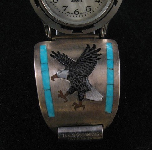 Image 2 of Native American Dead Pawn Eagle Inlay Watch Bracelet, Billy Begay 