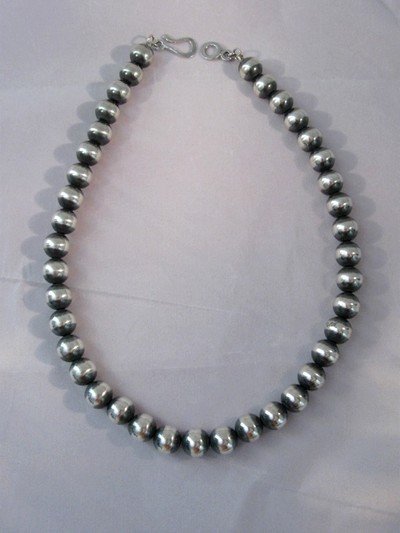 Image 1 of Native American 10mm Bead Navajo Pearls Sterling Silver Necklace 24-inch long 