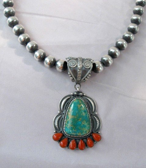 Image 2 of Native American 10mm Bead Navajo Pearls Sterling Silver Necklace 24-inch long 