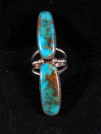 Image 0 of Extra Long Double Turquoise Native American Navajo Silver Ring Sz9-1/2