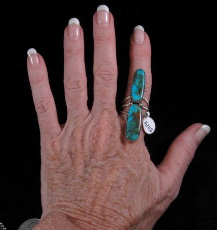 Image 1 of Extra Long Double Turquoise Native American Navajo Silver Ring Sz9-1/2