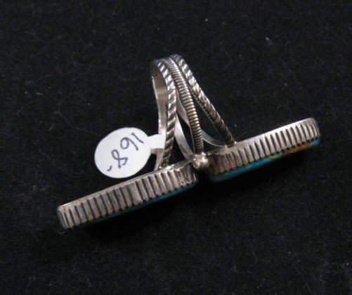 Image 2 of Extra Long Double Turquoise Native American Navajo Silver Ring Sz9-1/2