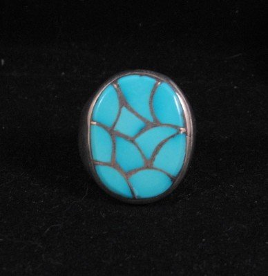 Image 1 of Zuni Turquoise Fish Scale Inlay Sterling Silver Ring sz11-1/2