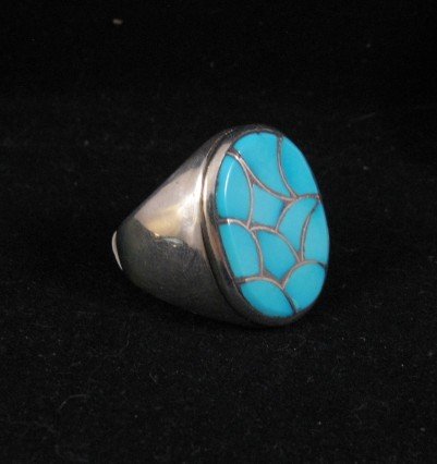 Zuni Turquoise Fish Scale Inlay Sterling Silver Ring sz11-1/2