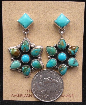 Image 1 of Navajo Geneva Apachito Turquoise Cluster Dangle Earrings