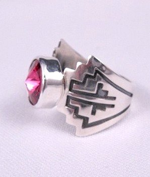 Image 2 of Fuschia Swarovski Crystal Navajo Silver Ring, Mary Teller, sz11-1/2