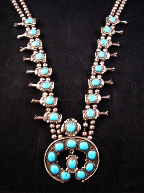 Image 0 of Old Pawn Navajo Turquoise Silver Squash Blossom Necklace