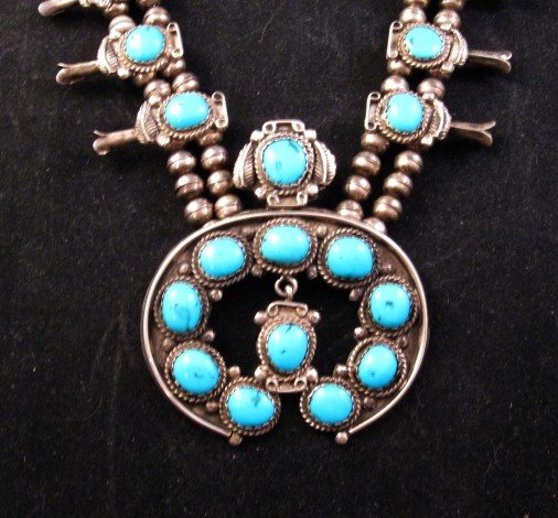Image 1 of Old Pawn Navajo Turquoise Silver Squash Blossom Necklace