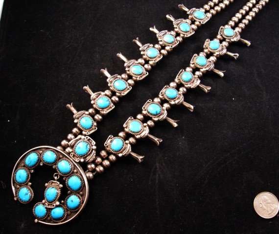 Image 2 of Old Pawn Navajo Turquoise Silver Squash Blossom Necklace