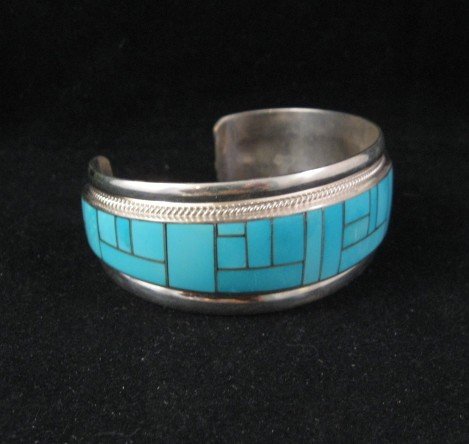 Image 1 of Rick Booqua Zuni Jewelry Turquoise Inlay Sterling Silver Bracelet