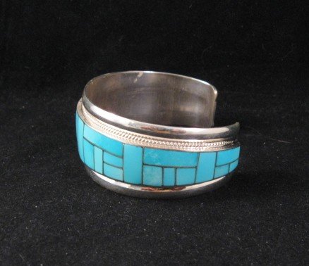 Image 2 of Rick Booqua Zuni Jewelry Turquoise Inlay Sterling Silver Bracelet