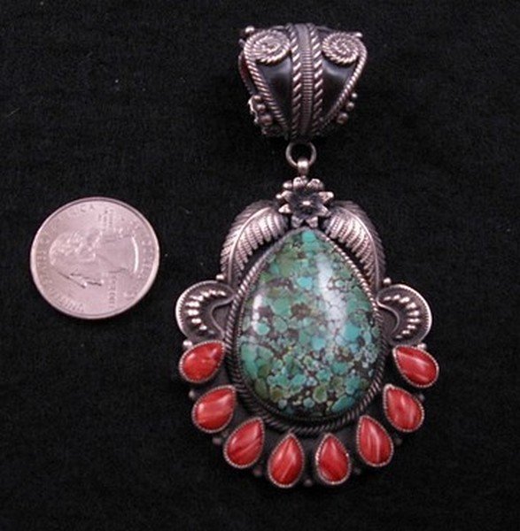 Image 1 of Big Navajo Kirk Smith Old Pawn Style Turquoise Spiny Oyster Silver Pendant