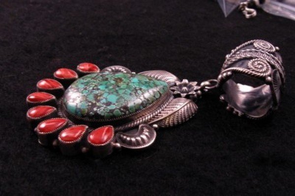 Image 2 of Big Navajo Kirk Smith Old Pawn Style Turquoise Spiny Oyster Silver Pendant