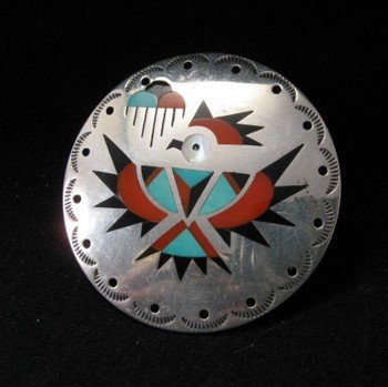Image 1 of Vintage Zuni Albert and Dolly Banteah Thunderbird Inlay Silver Pendant