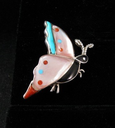 Image 0 of Zuni Multistone Inlaid Butterfly Silver Pin / Pendant 