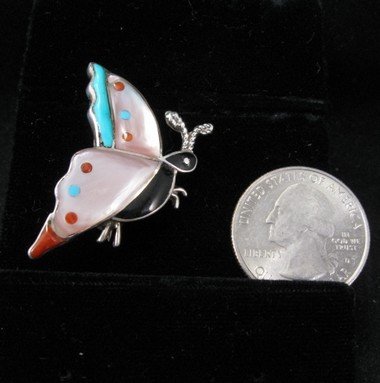 Image 1 of Zuni Multistone Inlaid Butterfly Silver Pin / Pendant 