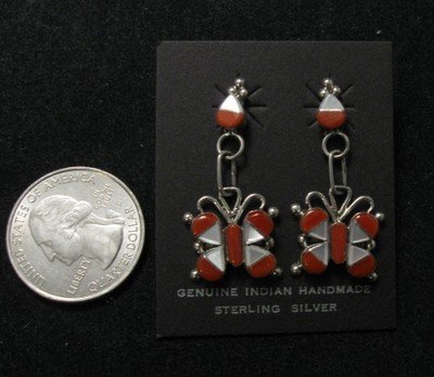 Image 1 of Zuni Coral MOP Inlaid Butterfly Silver Earrings