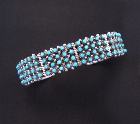 Zuni 4-Row 120 Snake Eye Turquoise Sterling Silver Bracelet, April Haloo