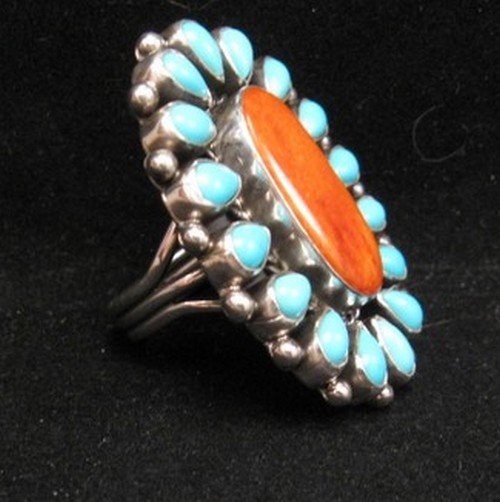 Image 1 of Native American Turquoise Spiny Oyster Cluster Ring sz7-1/2, La Rose Ganadonegro