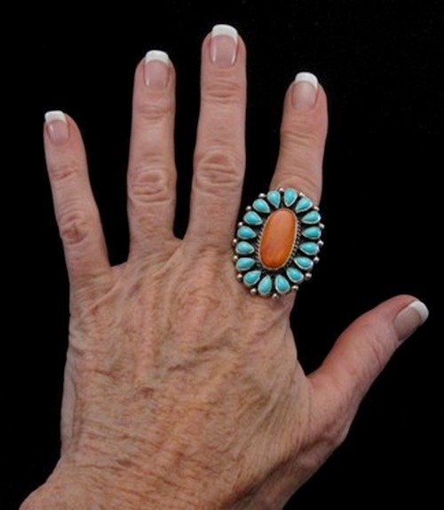 Image 2 of Native American Turquoise Spiny Oyster Cluster Ring sz7-1/2, La Rose Ganadonegro