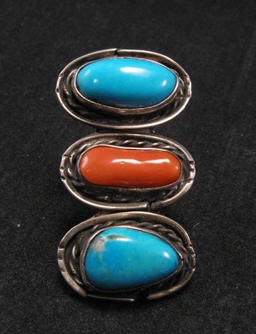Image 0 of Dead Pawn Handmade Turquoise & Coral Sterling Silver Ring sz5-1/2