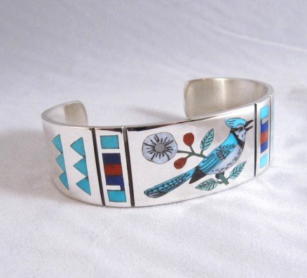 Image 2 of Zuni Jewelry Inlaid Blue Jay Silver Bracelet, Ruddell & Nancy Laconsello