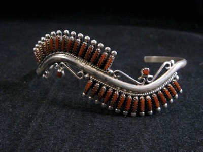 Image 1 of Zuni Indian Jewelry Coral Needlepoint Silver Bracelet & Ring, S Wallace